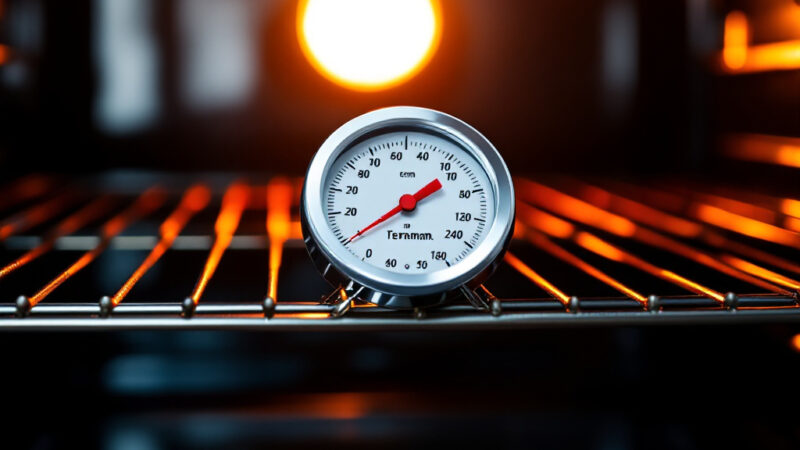 Oven thermometer inside a hot oven showing inaccurate temperature reading